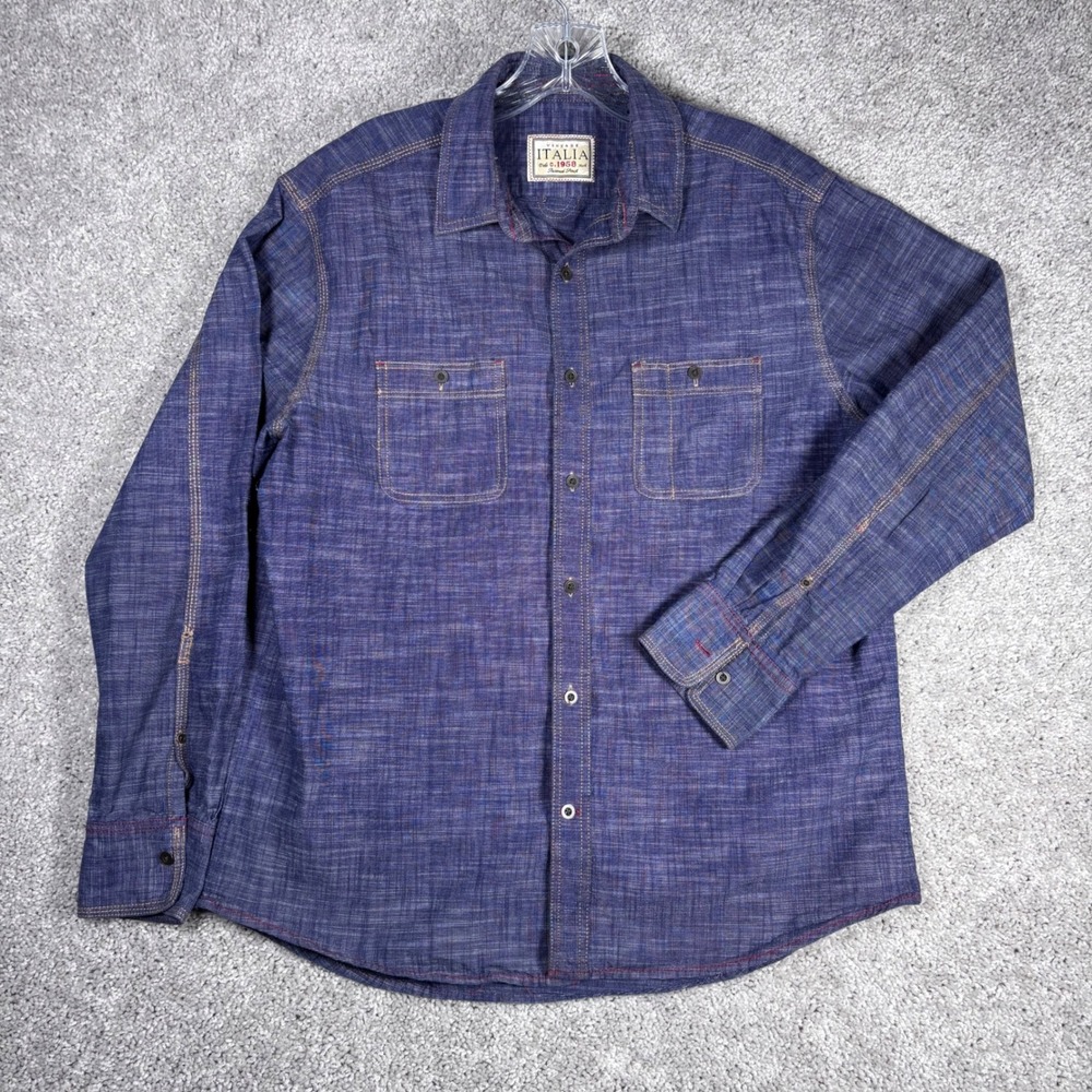 Vintage Italia‎ c.1958 Mens Button Down Shirt Blue Long Sleeve Cotton Casual
